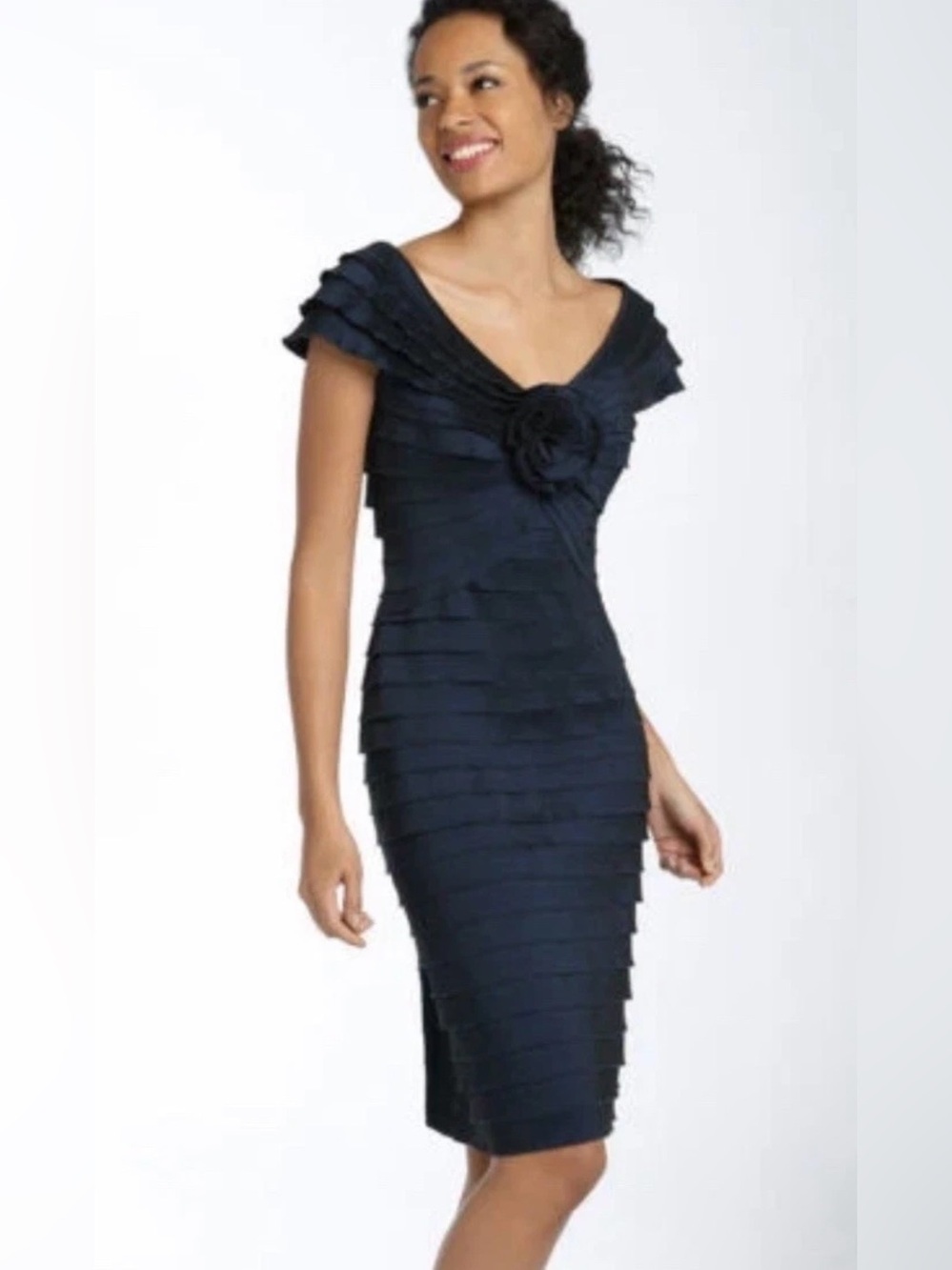 Tadashi Shoji Rosette Shutter Navy Women’s Pleat Sheath Dress Size 12